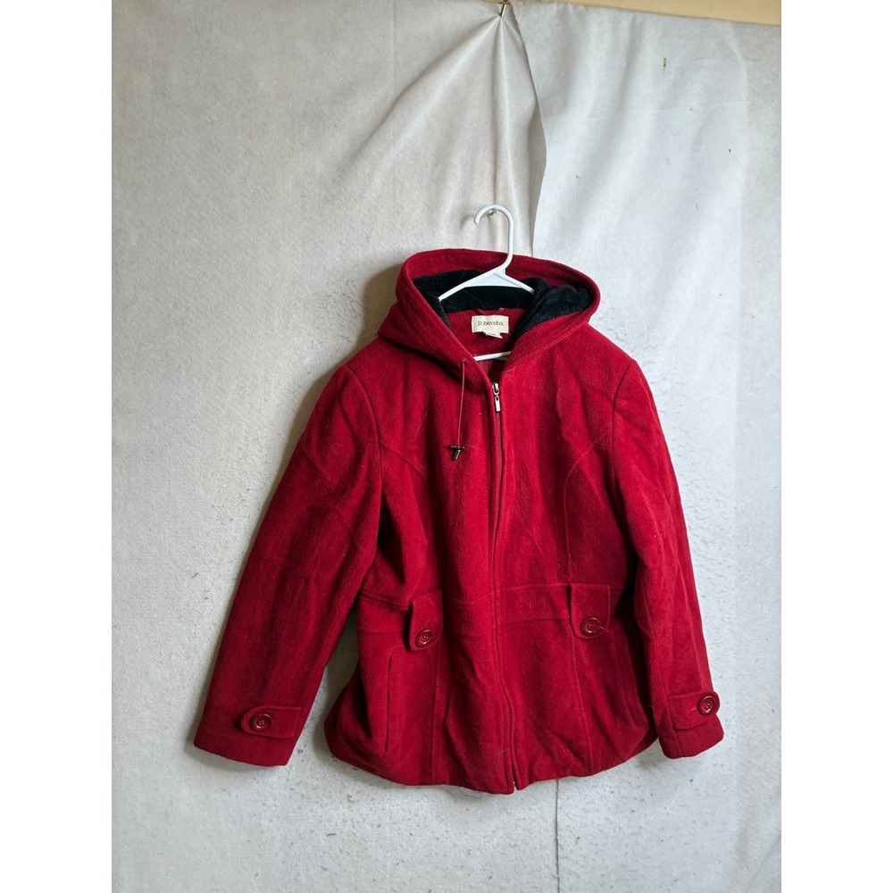 St Johns Bay Red Wool Cashmere Blend Hooded Zip Up Jacket Large 9286